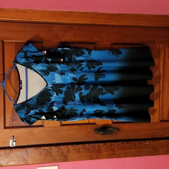 Woman's Plus Lily by Firmiana Teal/Black Floral Flutter Sleeve Tunic. Size 3XL - Picture 1 of 4